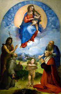 Raffaello, Madonna di Foligno (Madonna con Bambino e i Ss. Giovanni Battista, Francesco, Girolamo e il donatore Sigismondo de’ Conti), olio su tela trasportato su tavola, 1512, Roma, Pinacoteca Vaticana