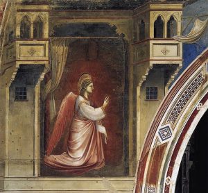 Giotto, Angelo Gabriele, particolare dell’Annunciazione del ciclo affrescato della Cappella degli Scrovegni, affresco, 1303-1305, Padova, Cappella degli Scrovegni