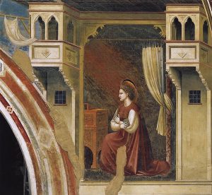 Giotto, La Vergine, particolare dell’Annunciazione del ciclo affrescato della Cappella degli Scrovegni, affresco, 1303 – 1305, Padova, Cappella degli Scrovegni