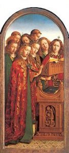 Jan Van Eyck, Angeli Cantori, part. del Polittico dell’Agnello Mistico, sportelli aperti, olio su tavola, Gand, Cattedrale di San Bavone