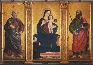 Antoniazzo Romano, Madonna col Bambino e i Ss. Pietro e Paolo, tempera e oro su tavola, XV sec., Fondi, chiesa di San Pietro Apostolo, Mausoleo Caetani