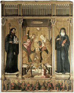 Cristoforo Scacco da Verona, Trittico dell’Annunciazione (Annunciazione tra i Ss. benedettini Onorato e Mauro), tempera e oro su tavola, 1499. Fondi, chiesa di San Pietro Apostolo, Mausoleo Cajetani