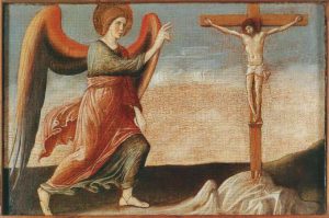 Giovanni Bellini, Polittico di Genzano, part. dell'Angelo Gabriele con Cristo crocifisso