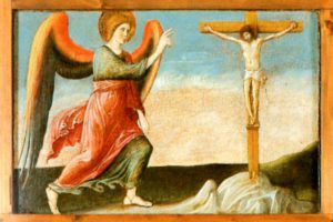 Giovanni Bellini, Polittico di Genzano, part. dell'Angelo Annunciante con Cristo Crocifisso