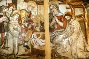 Giovanni Todisco, Natività con i Ss. Francesco d'Assisi e Antonio da Padova, XVI sec., Laurenzana (Potenza) corrituretto del convento di Santa Maria ad NIves
