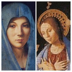 Confronto tra l'Annunciata di Palermo e l'Annunciazione di Palazzolo Acreide del Museo di Palazzo Bellomo a SIracusa, particolare dei volti delle due Madonne