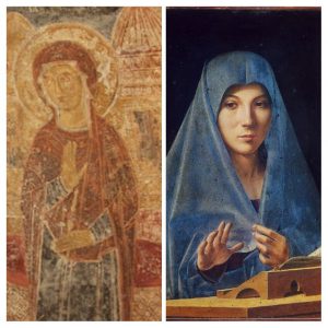 Confronto tra l'Annunciazione di San Biagio a San Vito dei Normanni e l'Annunciata di Palermo particolare dei gesti eseguiti dalle due Vergini
